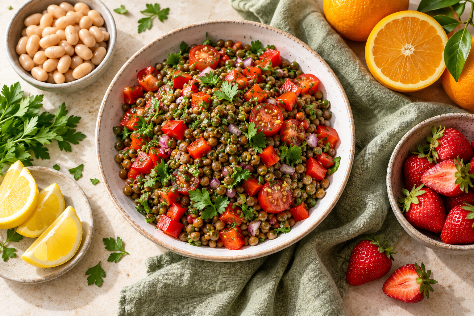 Lentil salad with peppers and tomatoes beside citrus fruit and strawberries