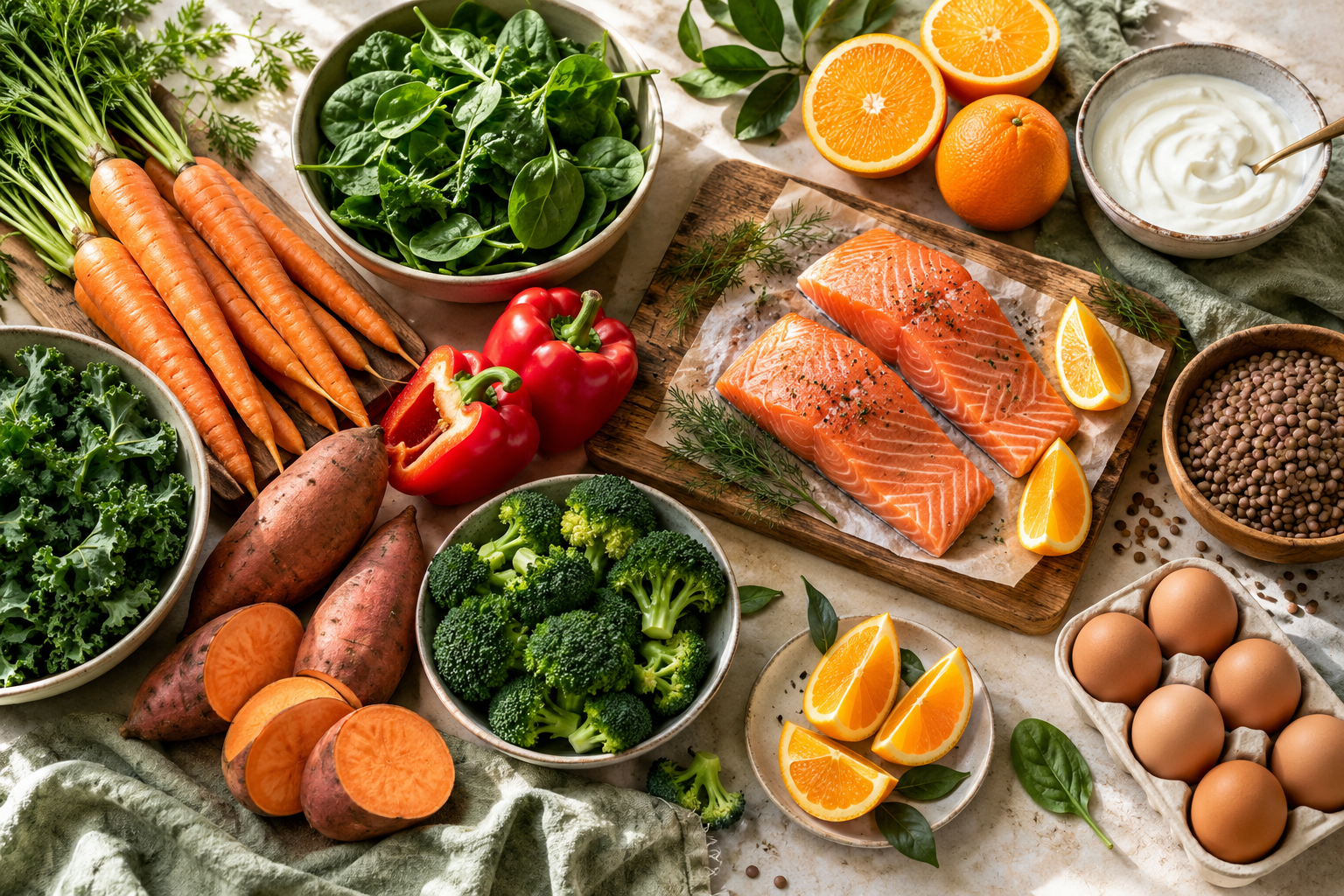 Carrots, leafy greens, oranges, salmon, lentils, eggs and other foods arranged on a table