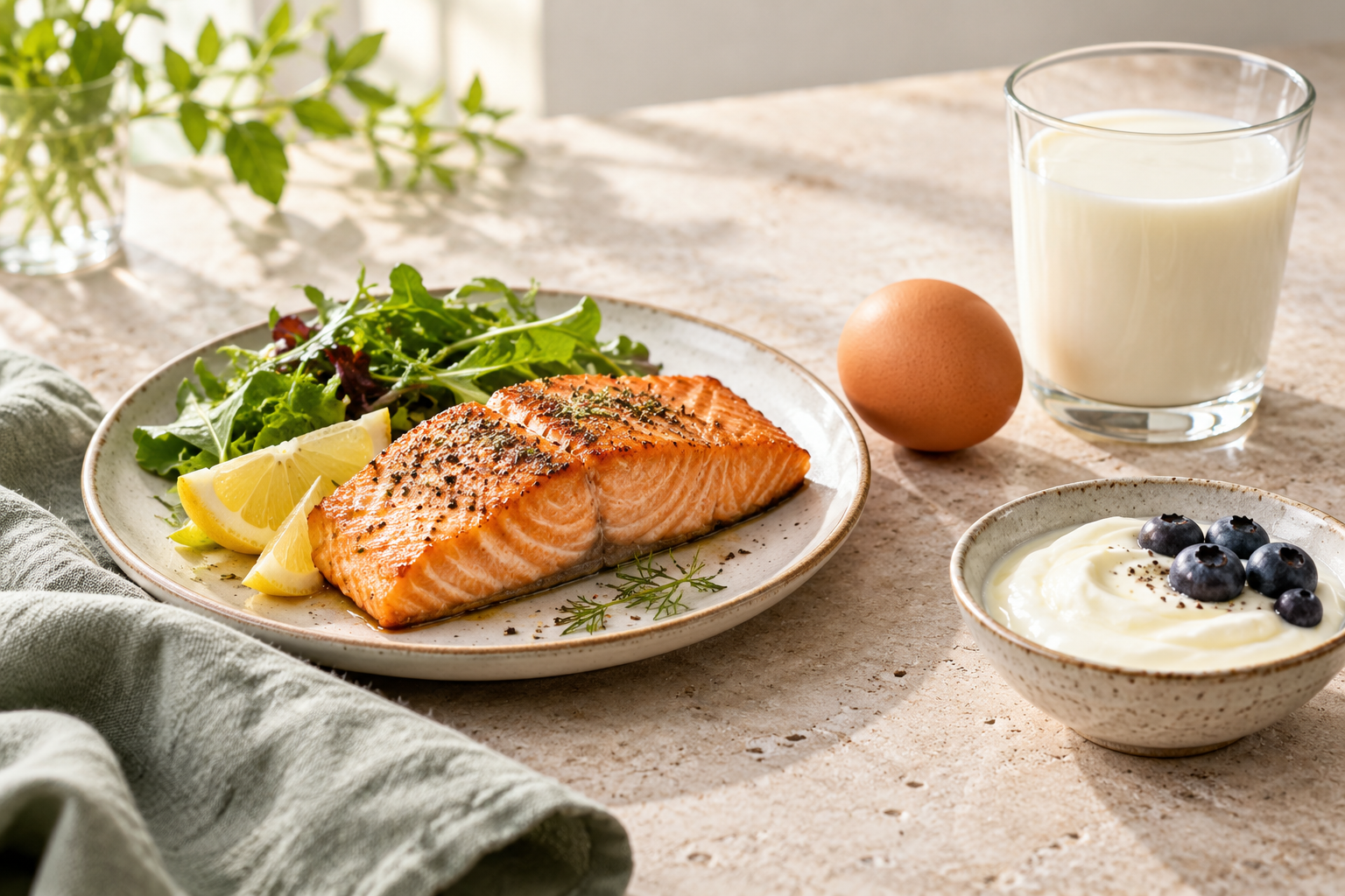 Cooked salmon with an egg, a glass of milk and yogurt